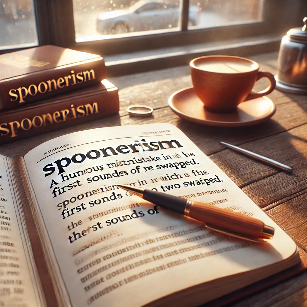 a verbal error in which a speaker accidentally transposes the initial sounds or letters of two or more words, often to humorous effect, as in the sentence you have hissed the mystery lectures, accidentally spoken instead of the intended sentence you have missed the history lectures.